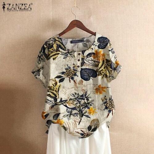 Fashion Floral Printed Tops Ladies Kaftan Chemise Short Sleeve Blouses ZANZEA Cotton Summer Women Shirt Causal Plus Size 5XL