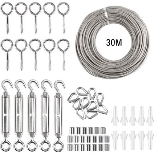 56Pcs 30M Stainless Steel Wire Rope Set Outdoor Garden PVC Coated Cable Clothesline Hanging Kit Home Supplies