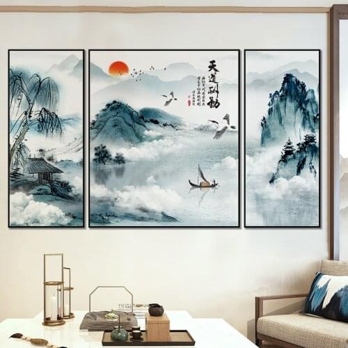 Chinese Style Landscape Painting Wall Stickers Wall Art Poster Prints Wall Pictures for Living Room Home Decor Large Mural Art