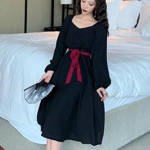 Solid fairy tale dress female elegant designer party long skirt female office lady bow Korean dress one piece spring