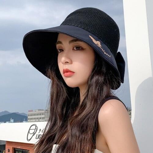 Hat circumference 58cm bowknot sun hat ladies wide brim fluffy summer hat beach panama straw bowler hat sunhat