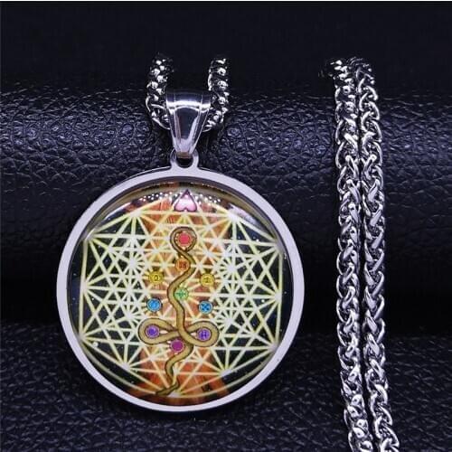 YOGA Flower of Life Seven Chakra Snake Glass Stainless Steel Silver Color Long Necklace Men/Women Jewelry collares mujer NXS02