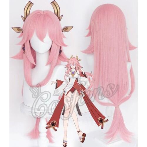 Yae wig Genshin Impact Yae Cosplay Pink 100cm Long Straight Wig with Bangs Game Cosplay Wig Synthetic Wig Heat Resistant Hairs