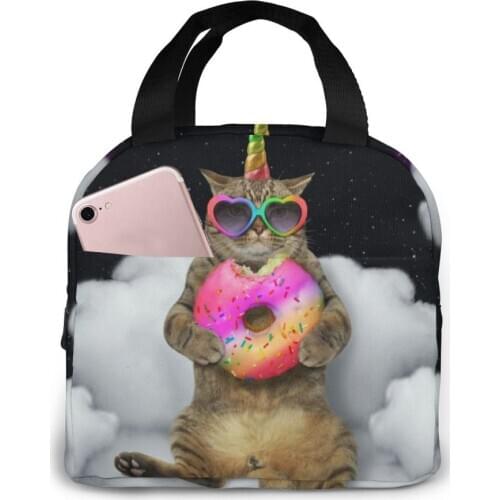 Cat Unicorn In Sunglasses With Donut Lunch Bag Portable Insulated Thermal Cooler Bento Lunch Box Tote Picnic Storage Bag Pouch