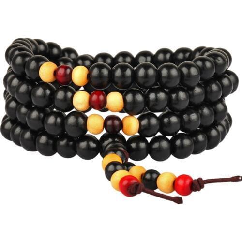 TUMBEELLUWA Tibetan Buddhist Black Ebony Wood 8mm Prayer Bead Wrapped Bracelet Necklace for Women Men