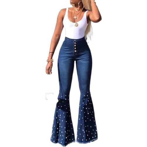 Spring Womens Pants High Waist Female Denim Bell Bottom Casual Beading Jeans for Women Mom Jeans Flare Skinny Jeans Woman