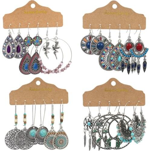 Vintage Decorative Pattern Water Drop shaped Multicolor Earrings Set for Women Geometry Boho Big Round Drop oil Tassel earrings