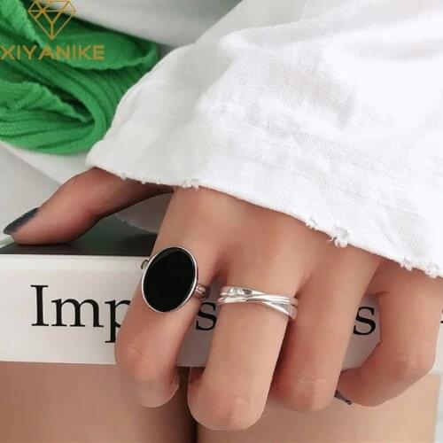 XIYANIKE 925 Sterling Silver Geometric Oval Black Zircon Double Circle Cross Ring Female Fashion Creative Party Couple Handmade
