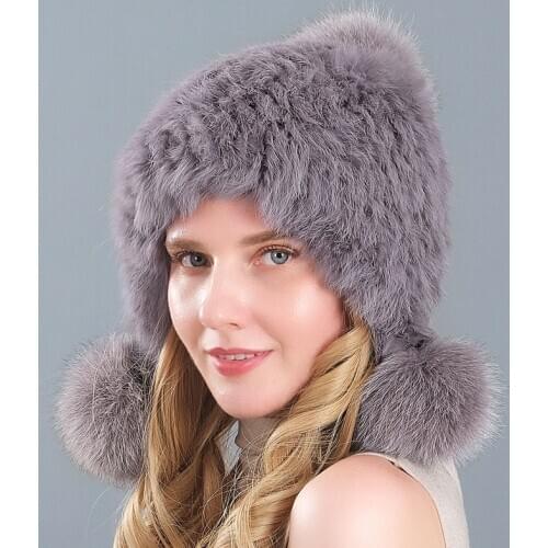 Fashion Women Real Rabbit Hat Winter Warm Rabbit fur Knit Hats Women Fox Fur Ball Cap