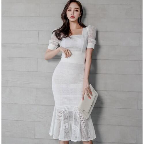 2020 Summer 2 Piece Set White Women Suit Square Collar lace Short Top and Midi Mermaid Skirt Two Piece Set elegant party Vestido