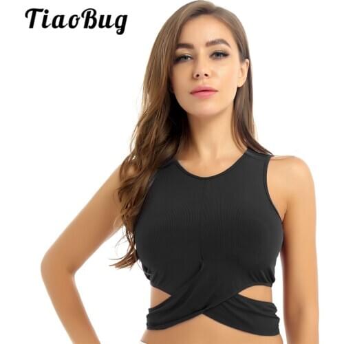 Women Solid Color Round Neck Sleeveless Front Twist and Tie Back Vest Crop Top Workout Fitness Gymnastics Ballet Tops Dancewear