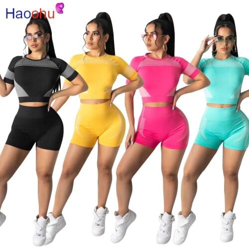 2021 Casual Running Two Piece Sets for Women O Neck Short Sleeve Bandage Crop Top High Waist Biker Short Active Wear Sweatsuits