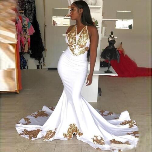 Gold Appliques Satin Mermaid Prom Dresses 2021 Sleeveless Halter Long Evening Formal Party Gowns Robe De Soire