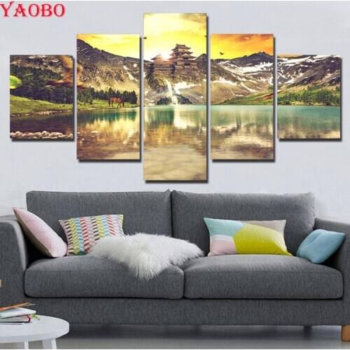 5pcs wall Decoration Diamond Painting Lake Tree Landscape Full Square/round 3d Embroidery cross stitch mosaic rhinestone picture
