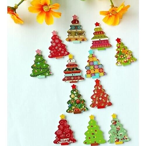 50pcs New Wood Sewing Scrapbooking Button Christmas Tree 2 Holes Christmas Buttons 25*35mm decorative Scrapbooking supplies