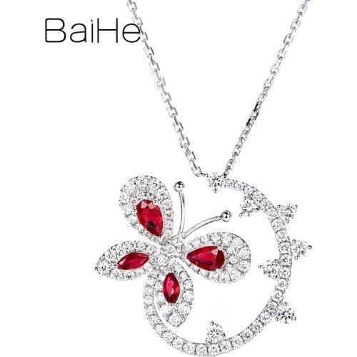 BAIHE Solid 18K White Gold 0.50ct Flawless Natural Rubis Diamonds Wedding Trendy Fine Jewelry beautiful butterfly Necklaces