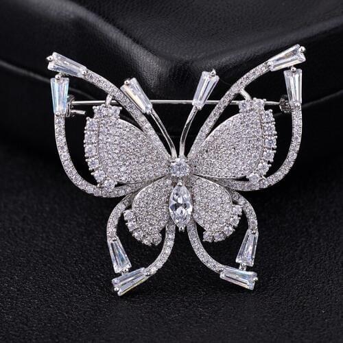 Free Shipping Beautiful Shining Full Rhinestone CZ Butterfly Silver Color Copper Brooch