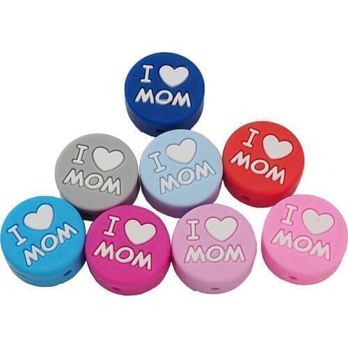 Chenkai 50PCS BPA Free Silicone Letter Teether Bead I LOVE MOM Teething Beads Baby Round Shaped Teether DIY Newborn Nursing Gift