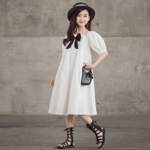 Kids Dresses for Girls Puff Sleeve Girl Dress Summer Cotton Big Bow Princess Dress Elegant Children Clothing 6 8 10 12 14 16 Yr