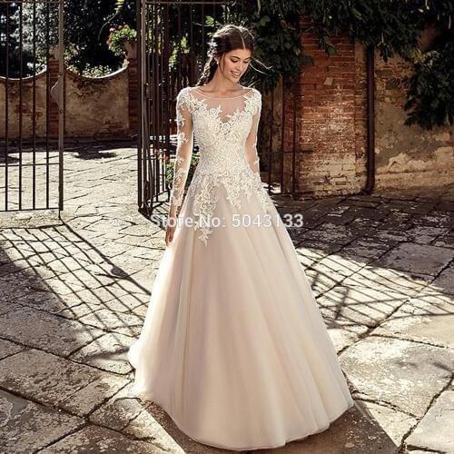 Elegant Champagne A Line Long Sleeves Wedding Dresses Lace Applique Scoop Neck Button Back Floor Length Formal Bridal Gowns 2021