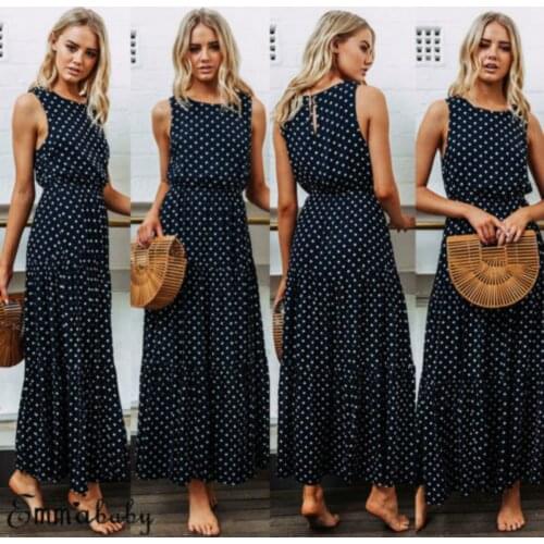 Hot Women Long Dress Summer Boho Dot Sleeveless Casual Evening Party O-Neck Beach Dress Sundress