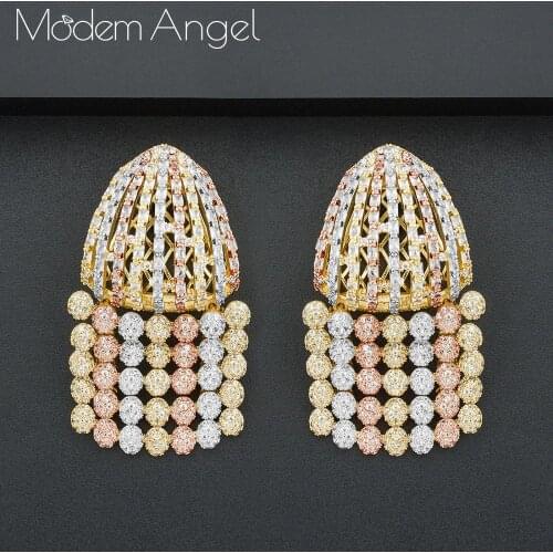ModemAngel Exclusive Tassel Hoop Earring For Women Wedding Popular 3Tone Geometry Full Cubic Zircon Nigerian Hoop Earrings