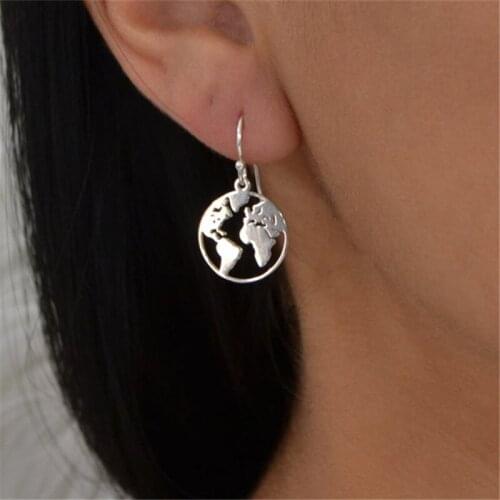Fashion World Map Hanging Earring for Women Gold Silver Color Punk Hip Hop Drop Earrings Kpop Dangle Earrings Party Jewelry Gift