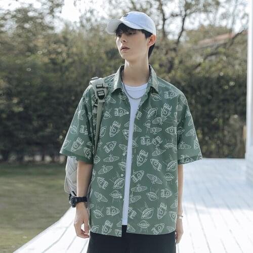 BROWON 2021 Spring and Summer Shirts for Men New Full-print Space Elements Short-sleeved Shirt Men Fashion Loose Couple Shirts