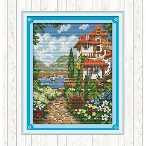 Joy Sunday Cross Stitch Set Lakeside Mansion Landscape Painting DMC Aida 14ct Fabric for Embroidery Print Canvas DIY Needlework