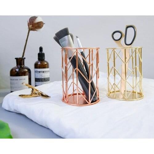 Rose Gold Metal Pen Holder Table Desk Organizer Multi-function Case Comb Makeup Brush Holder Storage Box Home Accessories