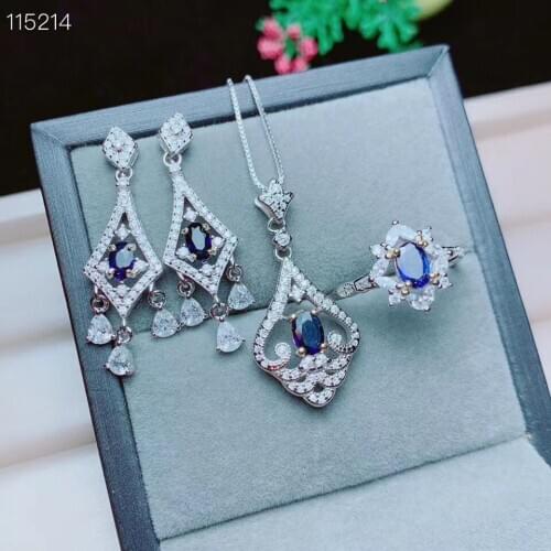 New Arrival Natural And Real Sapphire Set 925 Sterling Silver 1pc Sapphire Ring,2pcs Sapphire Earring,1pc Sapphire Pendant