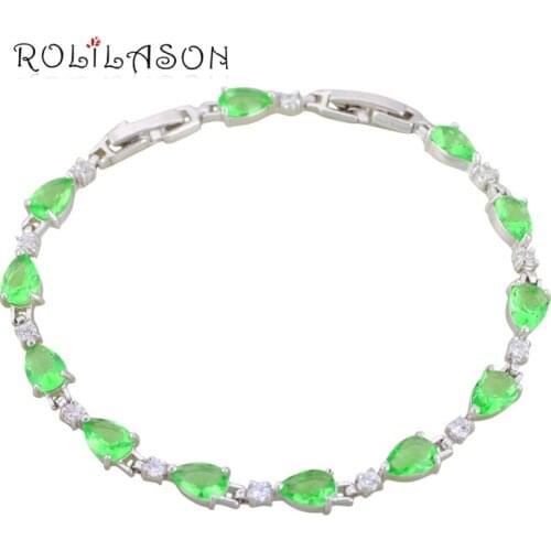 ROLILASON Water drop Apple green Silver Plated Party Charm Bracelets Anniversary Wholesale Retail for Women TB1129