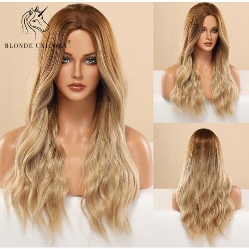 Blonde Unicorn Long Natural Wavy Synthetic Hair Wigs Ombre Light Brown Wig for White Black Women Heat Resistant Fiber