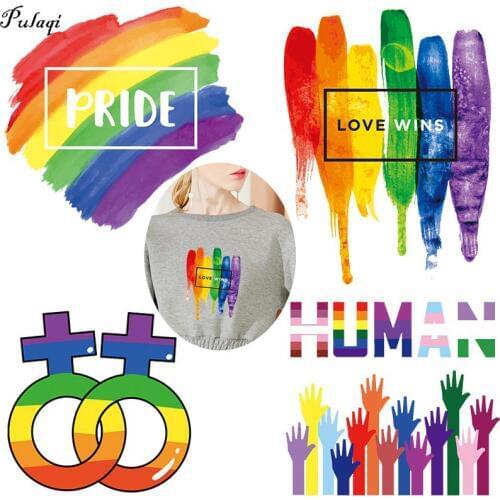 Pulaqi Lesbian Gay Pride Patch Iron On Transfers For Clothing For Women Heat Transfer Rainbow Flag Ironing PVC Stickers Applique