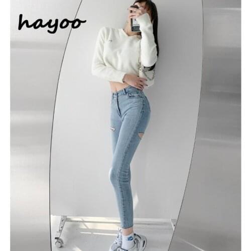 Ripped jeans womens slim-fit hip-covered skinny pants 2021 New style ripped irregular pencil pants