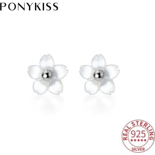 PONYKISS Genuine S925 Sterling Silver Cute White Flower Stud Earrings Women Anniversary Delicate Accessory fine Jewelry Gift