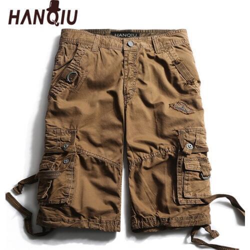 HANQIU Fashion 2020 Summer Cargo Shorts Men New Arrival Pure Cotton Solid Multi-Pocket High Quailty Casual Loose Male Shorts