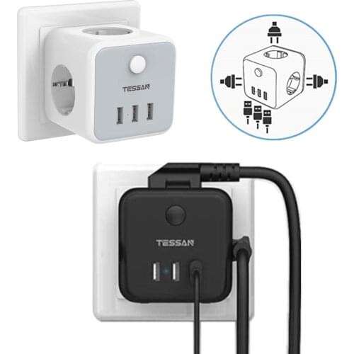 TESSAN EU Plug Multi Outlet Extender Wall USB Socket EU Power Strip with On/Off Switch 3 Outlets 3 USB Ports 5V/2.4A 2500W