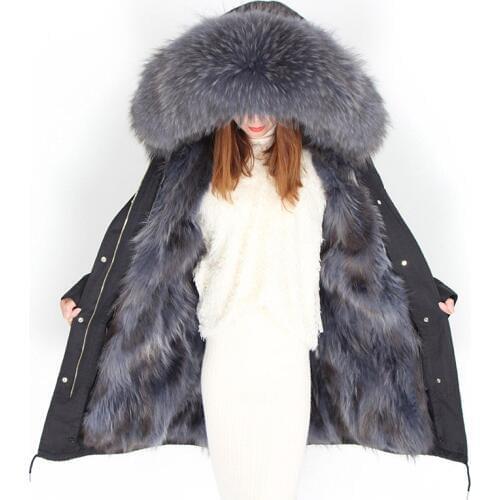 Women Winter Real Natural Raccoon Fur Collar Hooded Long Coat Loose Causal Real Fur Parkas Mujer Warm Thicken Cotton Jacket