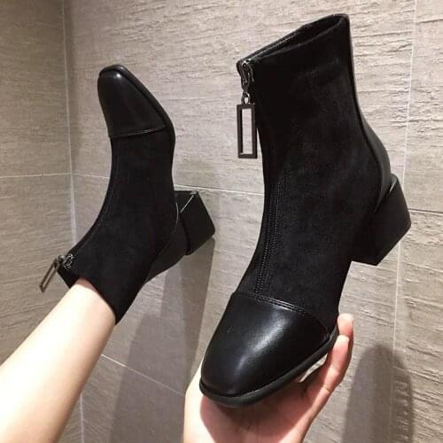 Womens Boots Front Zipper Short Boots Women 2021 New Autumn and Winter Stitching Thick Heel Martn Boots Fashion Short Boots
