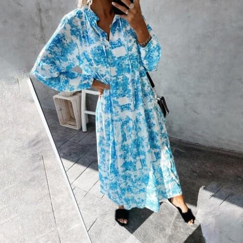 Elegant Lace-Up Drawstring Dress Maxi Dress Tree Animal Print V Neck Women Ruffled Hem Long Sleeve Loose Long Dress for Ladies