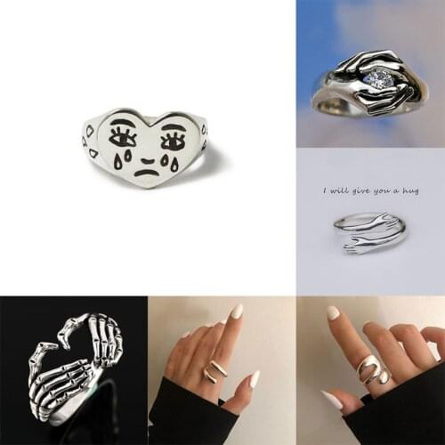 Simple Silver Color Crying Face Female Ring Boho Rings for Women Love Heart Wedding Engagement Rings Fashion Jewelry D5M695