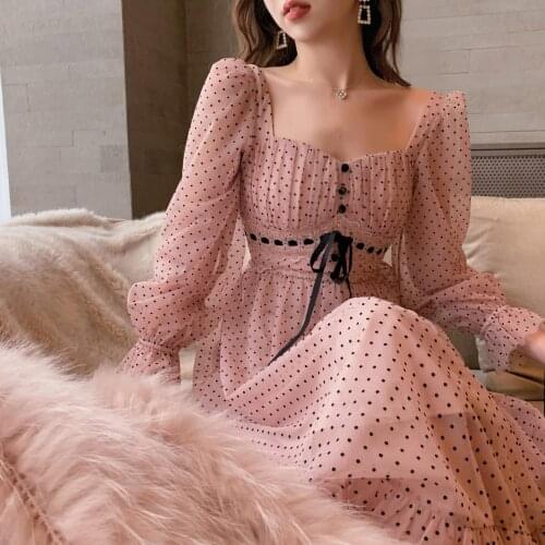 French Vintage Midi Dress Women Puffer Sleeve Square Collor Office Elegant Dress Female 2021 Spring Dot One Piece Dress Korean