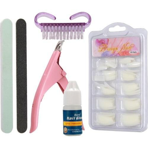 100 Pcs Natural Acrylic French Tips & Nail Art Glue Cutter Polish File Tools Set