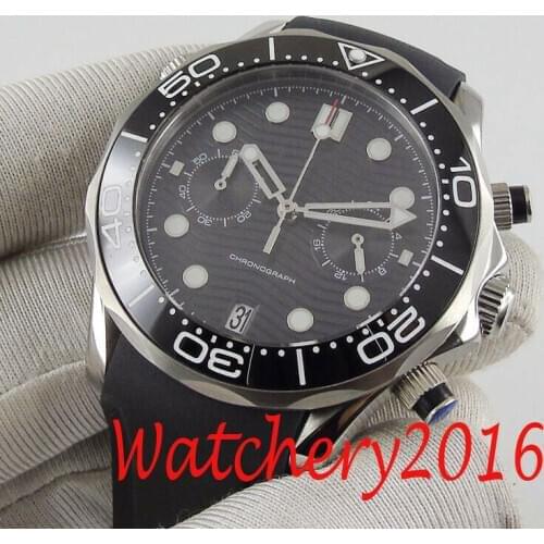 41mm Quartz Men Watch Sapphire Sterile Chronograph Date black dial Rubber Strap