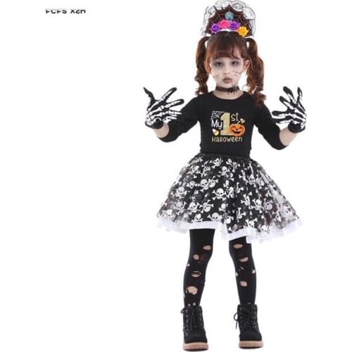 Pettiskirt Girls Skeleton Ghost Doll Cosplay Children Kids Halloween walking dead Costumes Carnival Purim Role play party dress