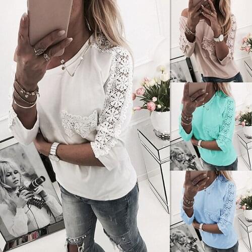 Autumn Elegant Office Lady Spring White Tops WomenS Lace Patchwork Half Sleeved O Neck Slim Shirt Ladies Fashion Casual Blouse