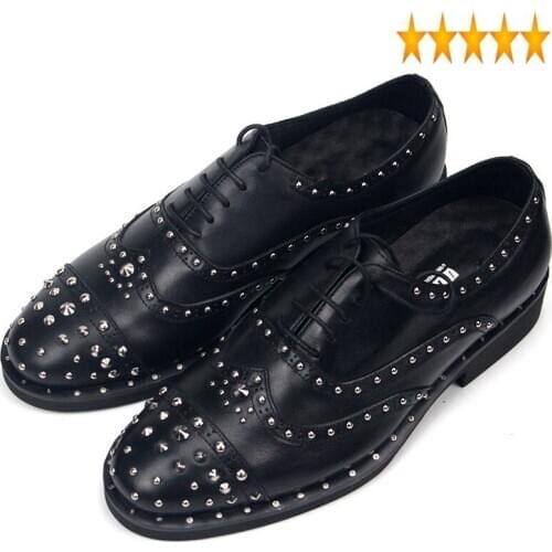 Quality Handmade Mens Wedding High Dress Block Heels Genuine Leather Rivets Oxfords Wing Tip Lace Up Office Formal Shoes