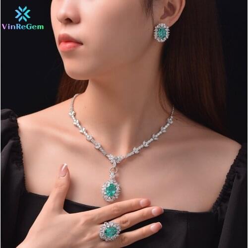 Vinregem Vintage 925 Sterling Silver Oval Tanzanite Created Moissanite Rings/Earrings/Pendant/Necklace Wedding Jewelry Sets 3Pcs