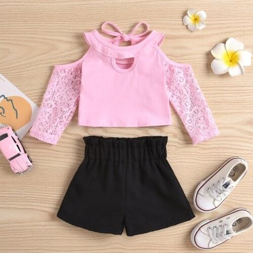 FOCUSNORM 0-18M Infant Baby Girls Clothes Sets Off Shoulder Lace Long Sleeve T Shirts Tops Shorts 2pcs Outfits
